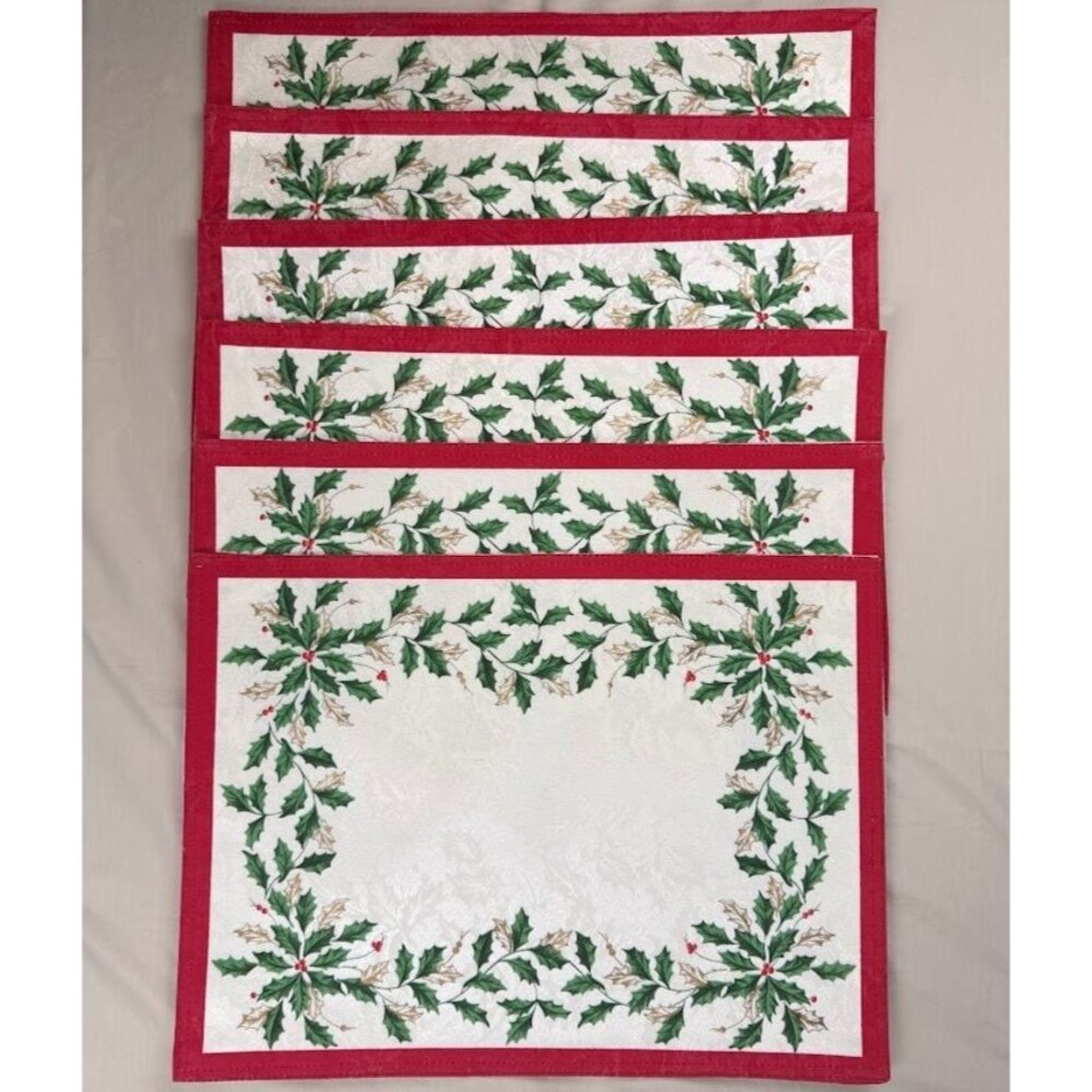 Set of 6 Lenox Holiday Fabric Placemats, Christmas, Holly, 14x19 Inches
